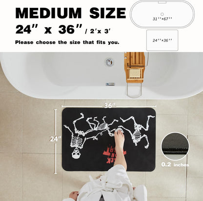 Halloween Bath Mat, Thin Halloween Bathroom Rug Non Slip Quick Dry Skeleton Bath Mat Fits Under Door Thin Floor Mat Halloween Decor, 24''x36'', Skull Treat or Trick Black