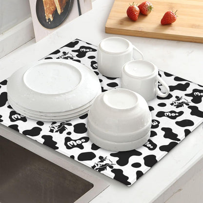 Cow Print Dish Drying Mat for Kitchen Counter Black White Decorative Dish Drainer Rack Mats 16x18 Inch Absorbent Reversible Drying Pad