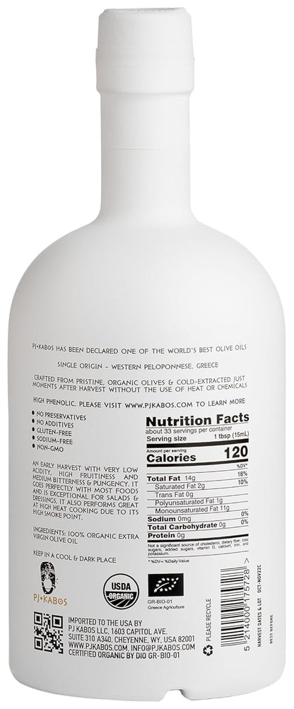 P.J. KABOS 2024/25 Harvest, High Phenolic (500+mg/kg), USDA Organic Greek Extra Virgin Olive Oil, Kosher, Greece, Cold Extracted, 6 x 16.9 oz, Koroneiki, "Family Reserve Organic -Medium"