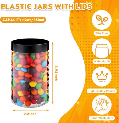 SATINIOR 24 Pieces Empty Clear Plastic Jars with Lids Round Storage Containers Wide Mouth for Beauty Product Cosmetic Cream Lotion Liquid Butter Craft and Food(Black Lid,12 oz)