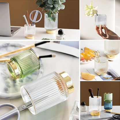 DASITON Makeup Brush holder Organizer,Crystal Cosmetic Makeup Brush Glass Brushes Storage Holder, Vintage Make Up Brush Cup Pen Pencil Holder striped vase(Clear L)