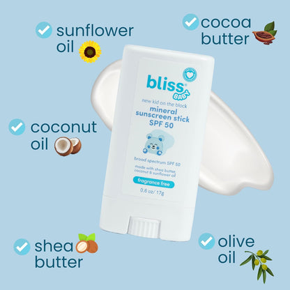 Bliss Baby Mineral Face Sunscreen Stick, SPF 50, Natural Zinc Oxide, Unscented, Hypoallergenic & Dermat Tested, Water-Resistant, Vegan, Sensitive Skin - For Toddlers, Babies, Kids & Whole Family