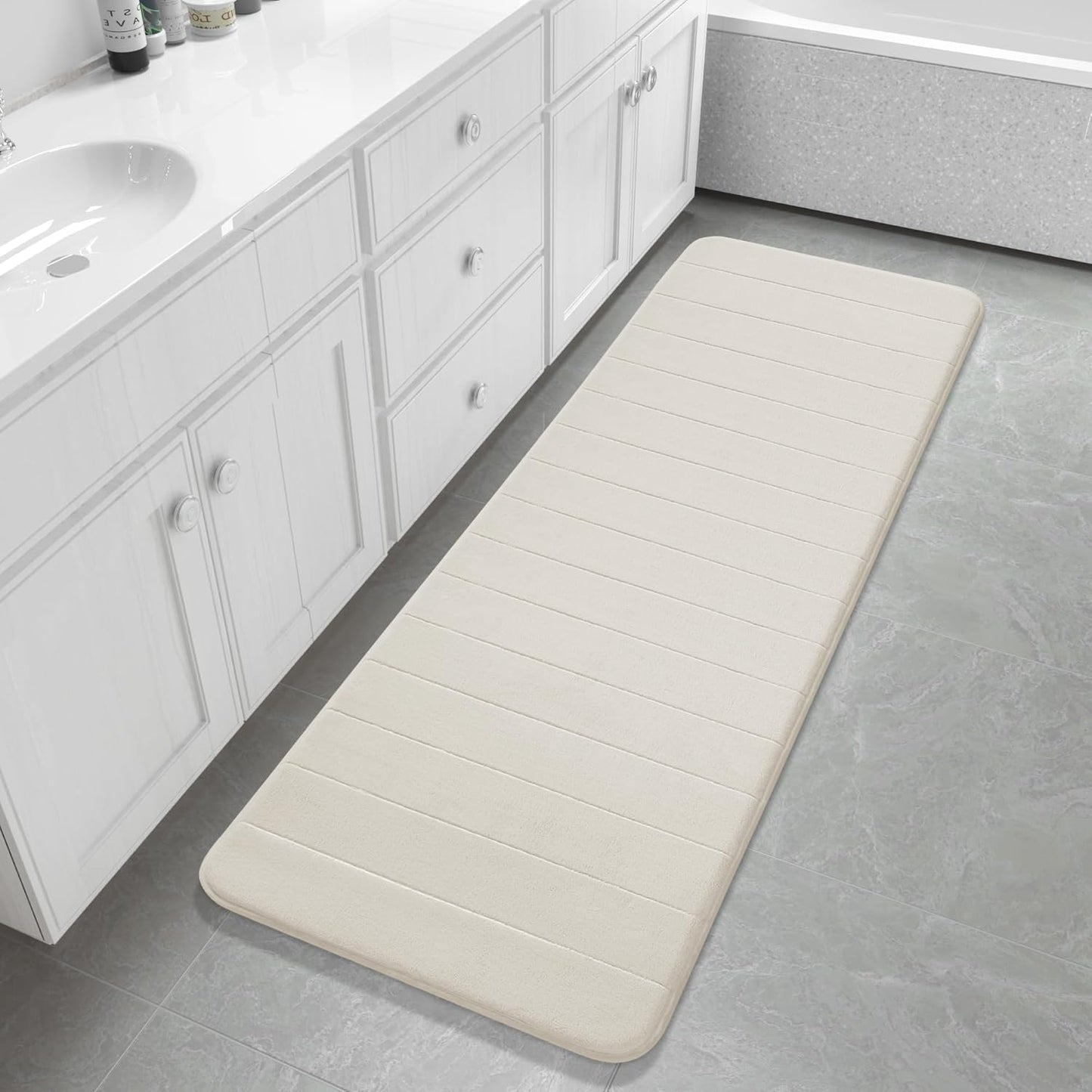Yimobra Bathroom Runner 60"x24", Non Slip Memory Foam Bath Mat, Super Soft Water Absorbent Hallway Carpet, Machine Washable Rug for Vanity Tub Shower, Cream