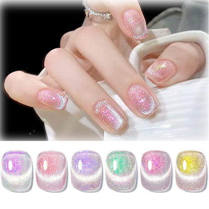 Born Pretty Cat Magnetic Eye Gel Nail Polish, Mermaid Aurora Holographic Pink Blue Green Yellow Gel Polish, Soak Off U V LED Gel Polish Nail Art Design Manicure Salon DIY Home 7ML 6PCS