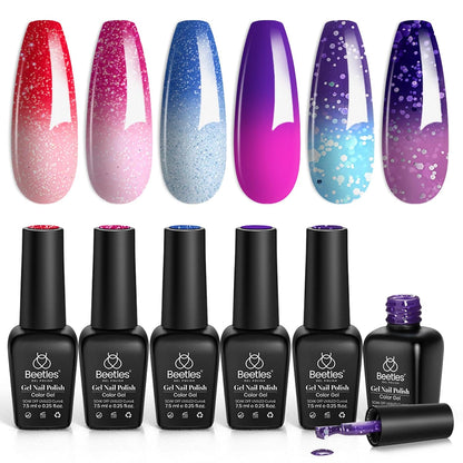 Beetles Color Changing Gel Nail Polish Kit, 6 Colors Pink Red Glitter Blue Purple Mood Temperature Change Nail Polish Gel Set Soak Off Nail Art Gel DIY Salon Manicure Gift