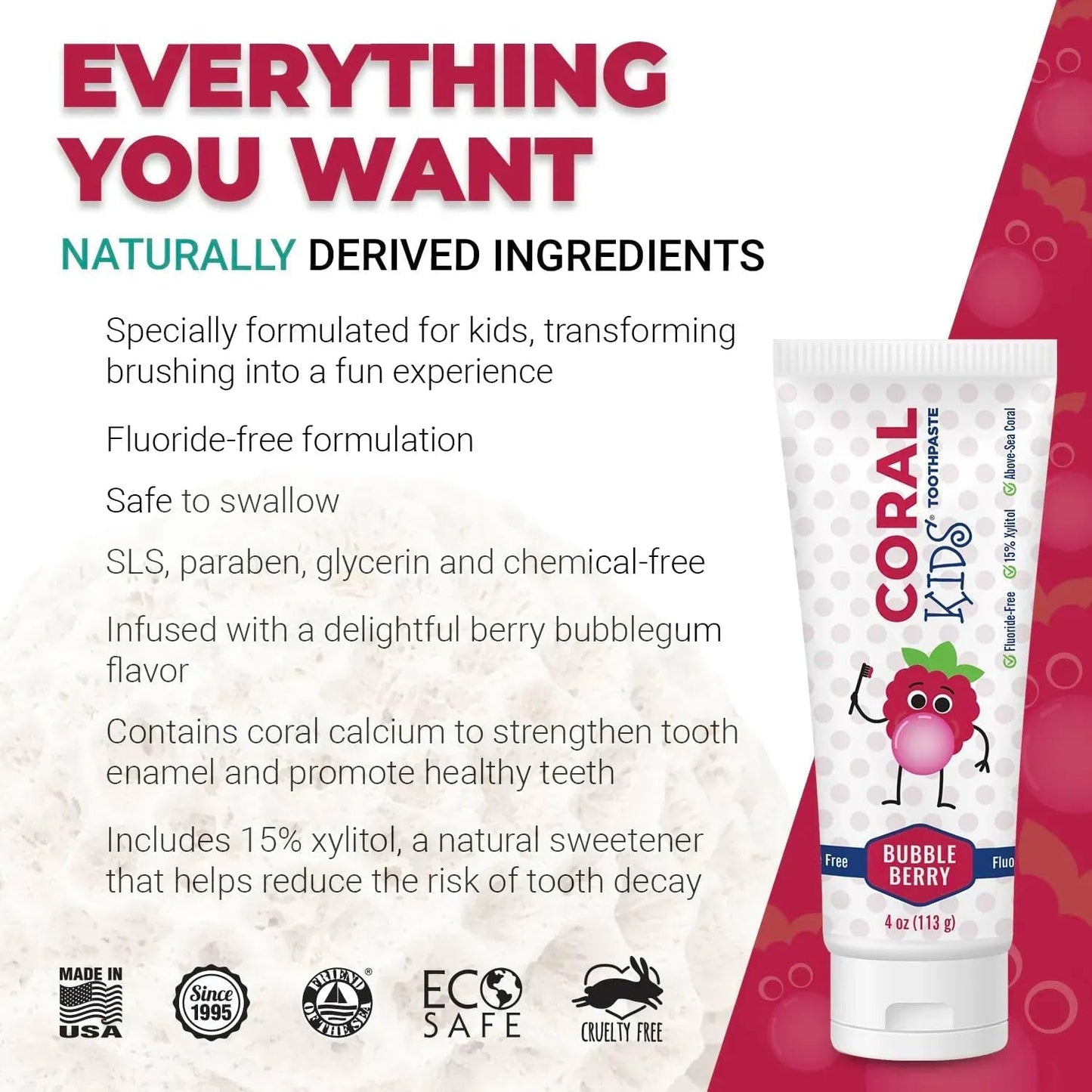 Coral White Kids Bubble Berry Fluoride Free Toothpaste - 4 Ounces (3 Pack)