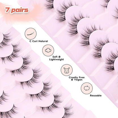 Cat Eye Lashes Wispy Eyelashes Manga Cat Eyelashes Natural Look 15mm Wispy False Lashes 3D Volume Fake Eyelashes Anime Lash Soft Faux Mink Lashes 7 Pairs Lashes Pack Siligli