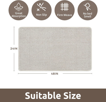 AMOAMI Chenille Bath Mat Super Absorbent Bathroom Mat Quick Dry Low Pile Bath Mats for Bathroom Washable Rubber Backed Bathroom Runners Fit Under Door, Front of Bathtub, Sink, Beige&White 24"x48"