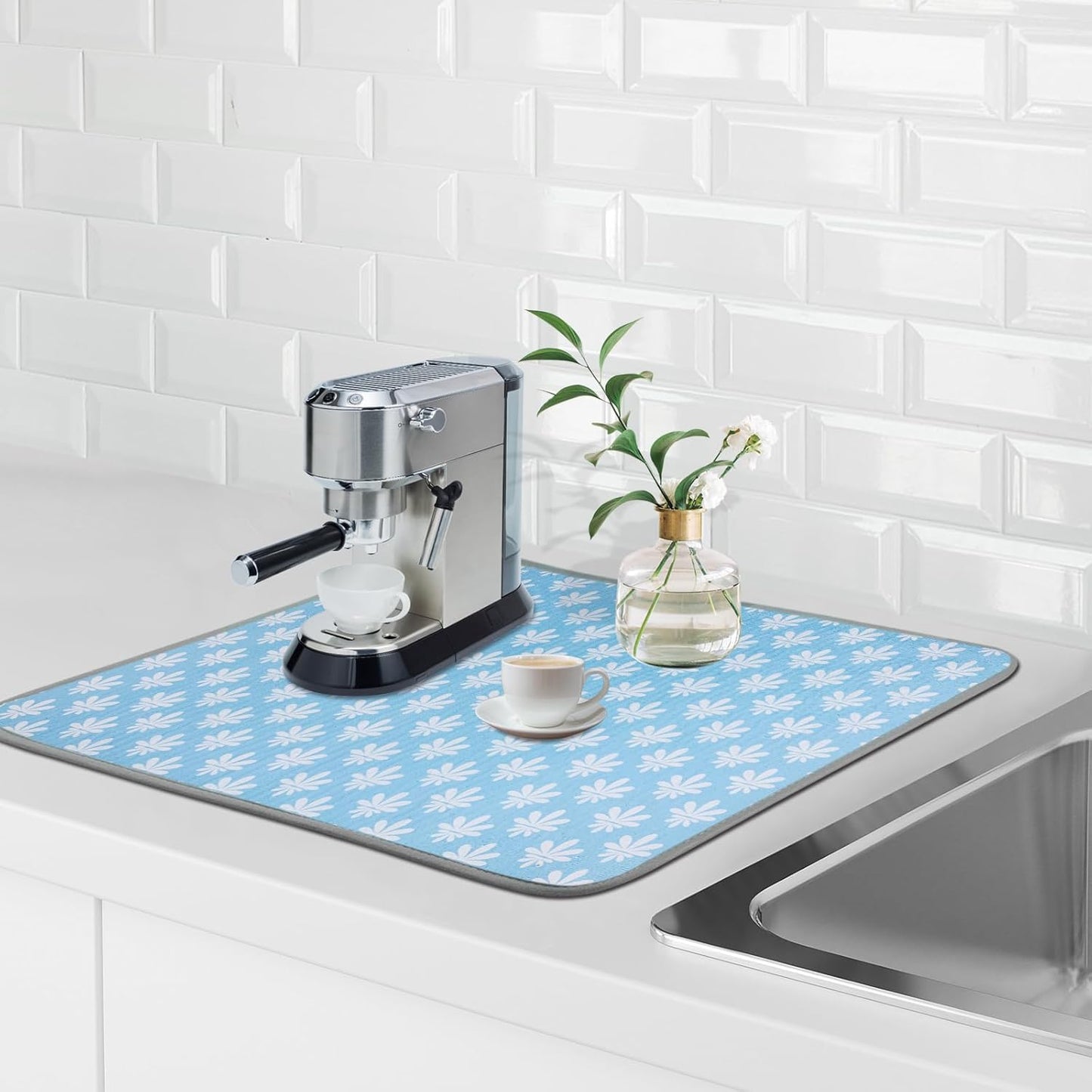SHIYUE Dish Drying Mat for Kitchen Counter Super Absorbent Spring Kitchen Decor Microfiber Drying Matainers Rack Fast Pad Dish Drainer Mats(Light Blue Flower,18''x24'')
