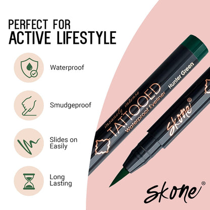 Skone Cosmetics Insanely Intense Tattooed Eyeliner Pen - Waterproof Liquid Eyeliner, Long Lasting, Sweat Proof, Smudge Proof Felt Tip Liquid Eyeliner - Pigmented Eye Liner Makeup, Hunter Green(0.07oz)