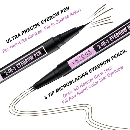 LAVONE Eyebrow Pencil, 2-In-1 Waterproof Eyebrow Pen, with 3 Tip Microblading Eyebrow Pen and Ultra-Precise Brow Pencil, Dual-ended Eyebrow Brush, for Eyebrow Makeup - Ash Brown