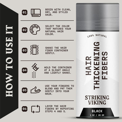 Striking Viking Hair Building Fibers - 28g, Black - Fuller Look Thinning Hair Fibers - Bald Spot Concealer & Barber Enhancement - Clump-Proof Powder & Hold Spray