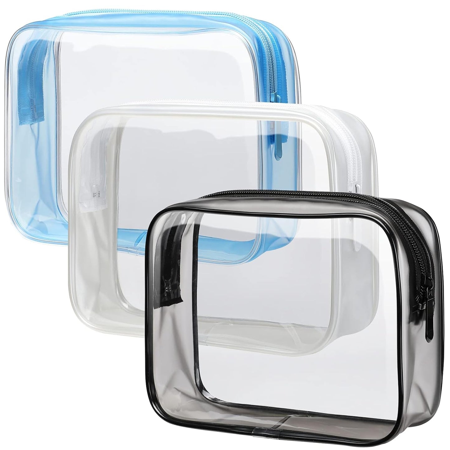 PACKISM Clear Toiletry Bag - 3 Pack TSA Approved Toiletry Bag Quart Size Bag, Travel Makeup Cosmetic Bag for Women Men, Carry on Airport Airline Compliant Bag, Black-Blue-White