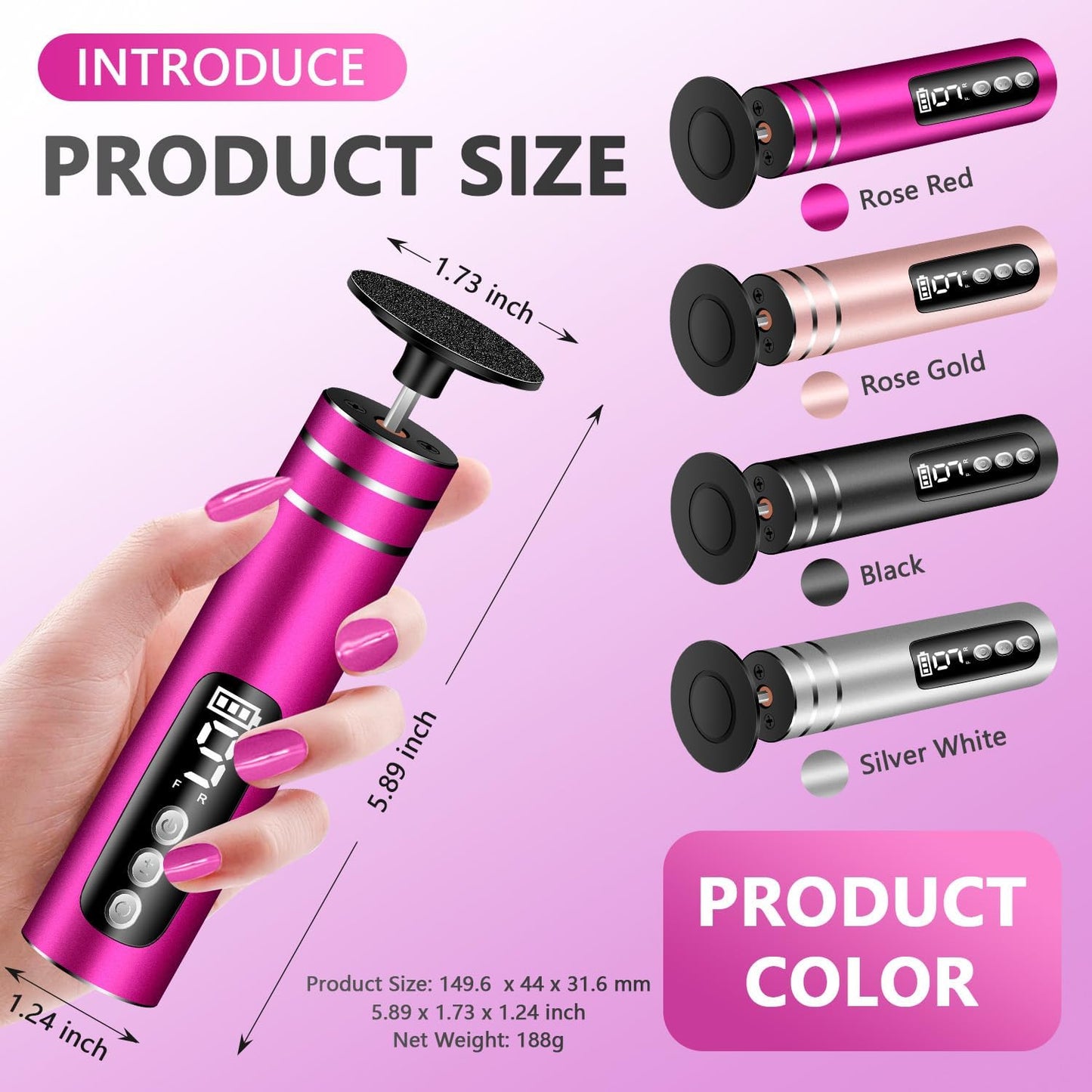 EAONE Portable Electric Foot File-Callus Remover for Feet, Professional 2 in 1 Foot/Nail Filer -Digital Display for Battery Level & 9 Speed Control-Rechargeable Pedicure Tool for Dead Skin (Silver)