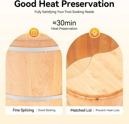 9.84in Tall Wood Foot Soaking Tub with Lid and Massage Roller, Pedicure Bowl for Feet, Portable Traditional Wood Foot Bath Basin for Massage Relaxing, Fatigue Relief