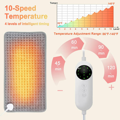 Heating Pad, Electric Heating Pad 24"X12" for Back Neck Shoulder Belly Heating Technology, Ultra-Soft Moist & Dry Therapy Heat Pad with 10 Temperature Settings 3 Timer, Automatic Switch-Off, Grey