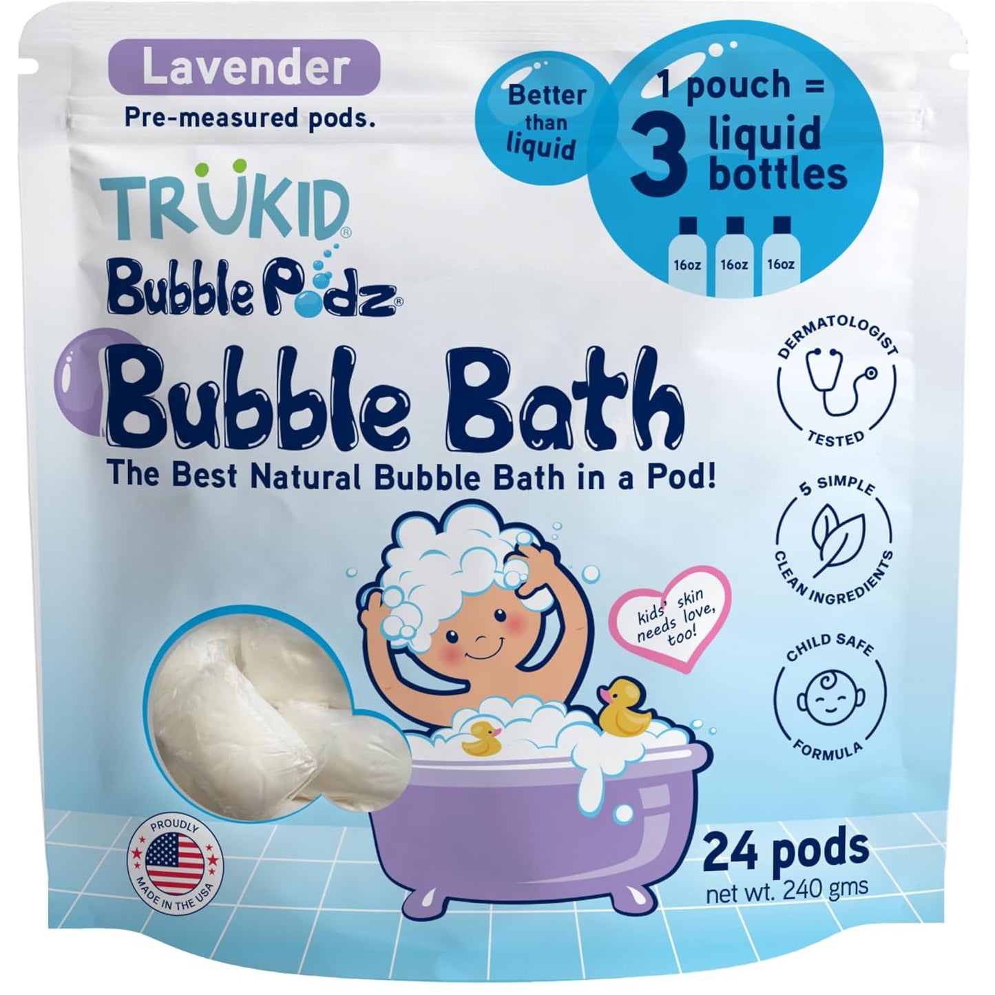TruKid Bubble Podz Bubble Bath for Kids, Toddlers, & Babies, Tear Free Gentle & Refreshing Bath Bomb for Sensitive Skin with Natural Moisturizers, Non-Toxic, pH Balanced, Lavender Scent (24 Podz)