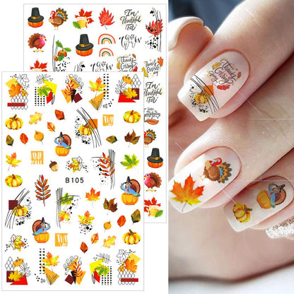 12 Sheets Fall Nail Art Stickers 3D Autumn Leaves Nail Decals Self-Adhesive Thanksgiving Nail Art Accessories Foils Maple Leaf Pumpkin Turkey Nail Designs for Women Girls DIY Manicure Decoration