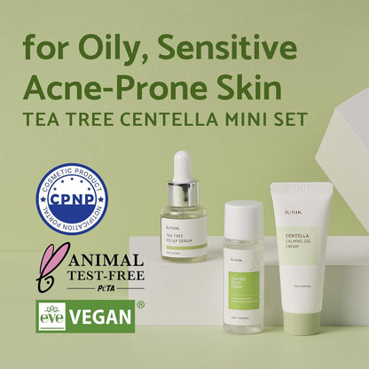 iUNIK Centella Mini Set Travel-Friendly Skincare Set Ultra calming and hydrating for sensitive skin - Tea Tree Relief Toner,Serum, Centella Calming Gel Cream