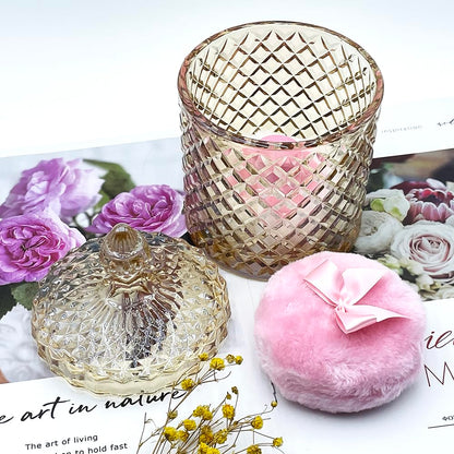 Luxury 4.2 Inch Glass Powder Container with 2 Plush Puffs｜Non-Sealed Refillable Organizer for Body Powder&Makeup｜Setting Powder Applicator w/Loose Powder Storage(Pointed Cylinder-Amber-Large)