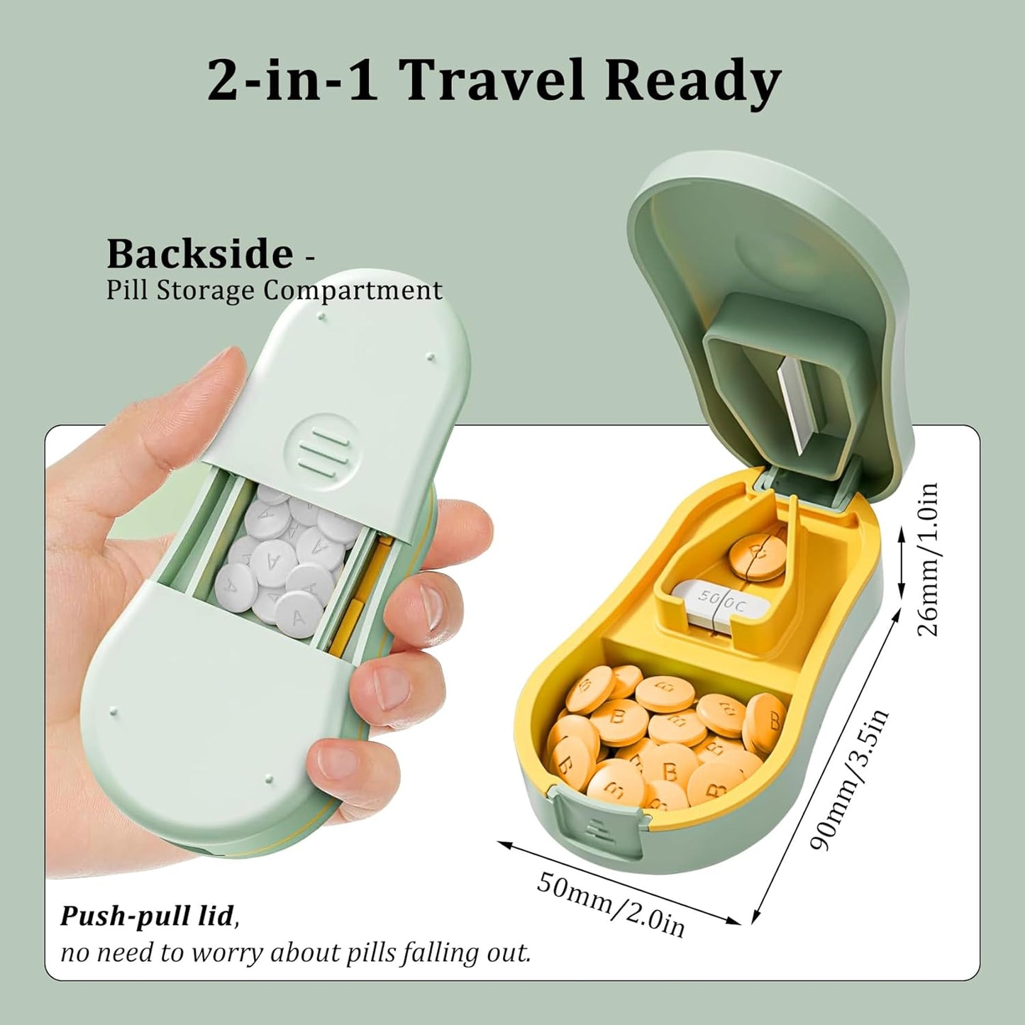 Pill Cutter Splitter for Small and Tiny Pills - Professional Pill Cutter for Small or Large Pills | Wrap-Around Blade Guard | Detachable Nonslip V-Shaped Pad | Easy Open | Back Storage, Cyan (Green)