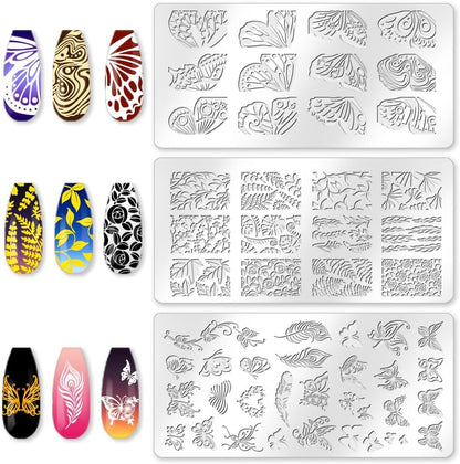 3Pcs Butterfly Nail Stamping Plate Set Floral Ginkgo Maple Leaves Stainless Steel Nail Stamp Templates Clear Silicone Nails Stamping with Stamper Scraper for Manicure Printing