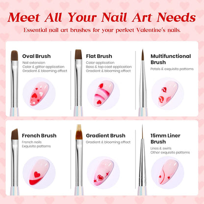 Beetles Red Gel Nail Polish & Nail Art Brushes Set-Heart Desire Multifunctional Nail Brushes Kit for Nail Art with Heart Nail Gems&Nail stickers Manicure Gift for Girls Women