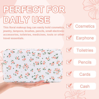 Waterproof Small Floral Makeup Bag Pouch for Purse,Nylon Flower Cosmetic Bag Preppy Travel Toiletry Storage Bag for Women Girl,Cute Makeup Organizer Bag Skincare Bag with Zipper(Small White-Flowers)