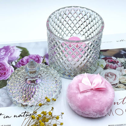 Luxury 4.2 Inch Glass Powder Container with 2 Plush Puffs｜Non-Sealed Organizer for Body Powder&Makeup｜Setting Powder Applicator w/Loose Powder Storage(Pointed Cylinder-Dazzling Colors-Large)
