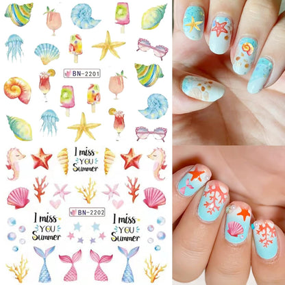 36 Sheets Summer Nail Art Stickers, Ocean Anchor Water Transfer Nail Decals, Shark Seashell Sea Turtle Design DIY Manicure Decorations for Girls Women