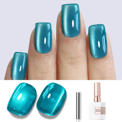 Double Rhythm Jelly Glass Cat Eye Gel Polish with Magnet 15ML Holographic Glitter Shimmer Translucent Sheer Color Magnetic Polish Salon DIY at Home (Jelly Teal-MC1120)