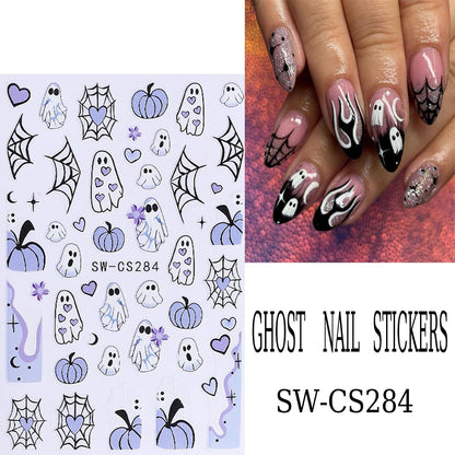 6 Sheets Halloween Nail Art Stickers 3D Self -Adhesive Cute Ghost Pumpkin Nail Decals Holographic Heart Spider Web Skeleton Flame Nail Stickers Halloween Nail Decoration for Women Manicure Supplies