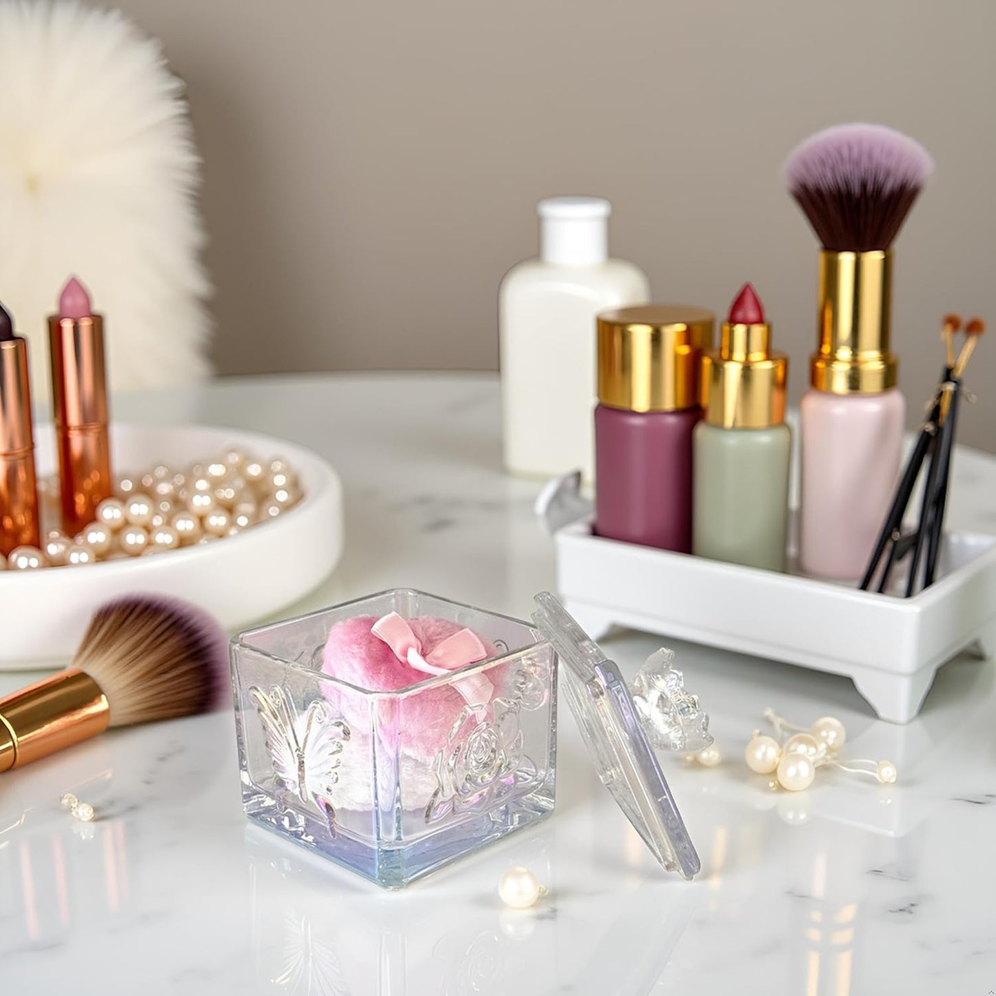 Body Powder Puff and Container - Glass Dusting Powder Container with 2 Soft Puffs – Vintage Powder Puff Case for Women & Girls (3.74x3.74x4.53 H in)- GRB013-Multi