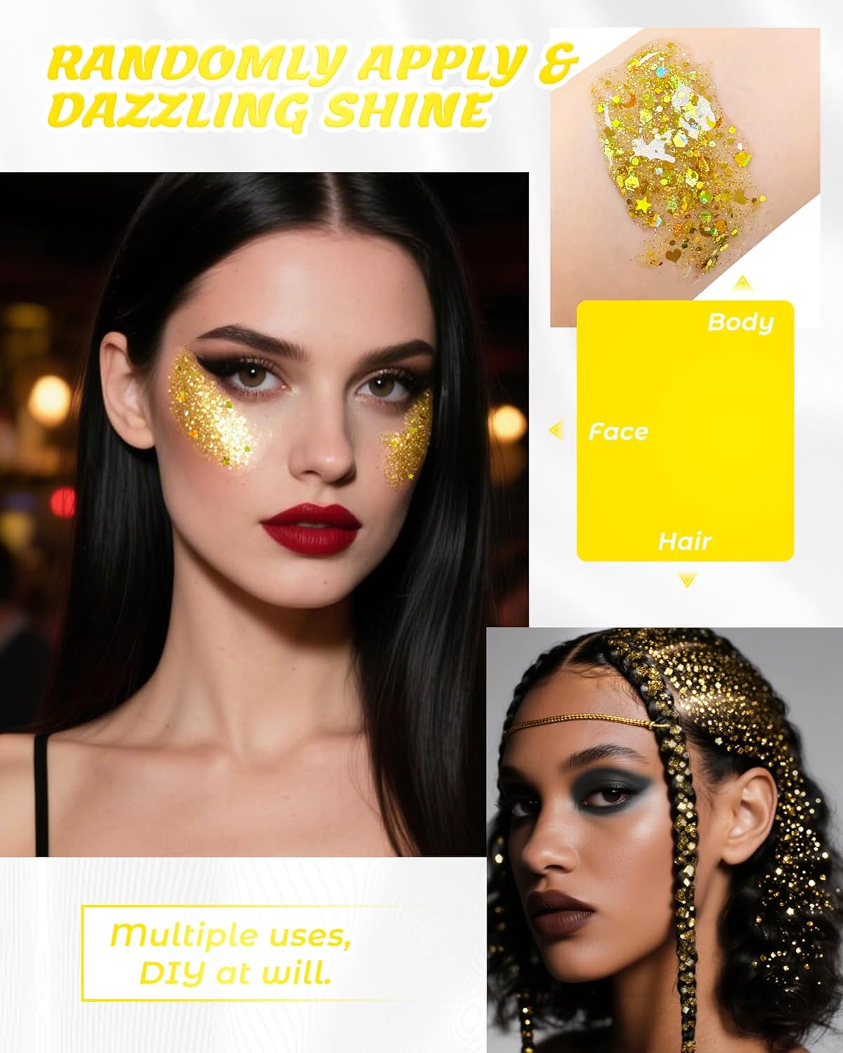 6PCS Gold Face Body Glitter Gel，Holographic Chunky Sequins Body Glitter Paint for Party Singer Concerts Music Festival Rave Accessories for Girls Women Face Body DIY Sparkling Makeup