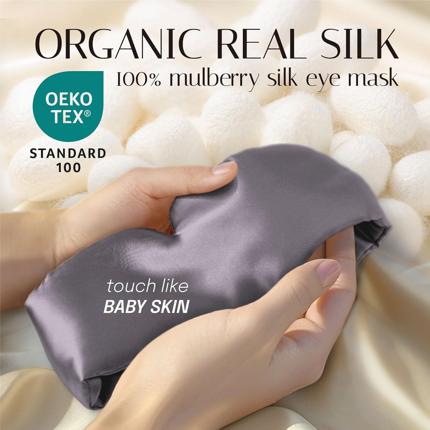 Silk Sleep Mask Soft Pressureless: 100% Mulberry Silk for Eye Skin Anti Wrinkles, Large Size for Total Blackout, Adjustable Wide Velcro Ear Cover, Charcoal