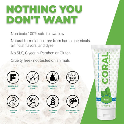 Coral Nano Silver Mint Toothpaste, Natural Fluoride Free Teeth Whitening Toothpaste, Coral Calcium Nano Silver Infused SLS Free - 4 Ounces