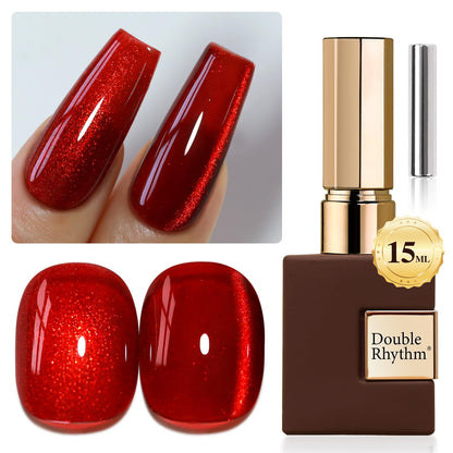 Double Rhythm 0.5 OZ Cat Eye Gel Polish with Magnet 15ML Holographic Glitter Shimmer Translucent Jelly Color Magnetic Nail Polish Salon DIY at Home (Blood Red-MC1046)