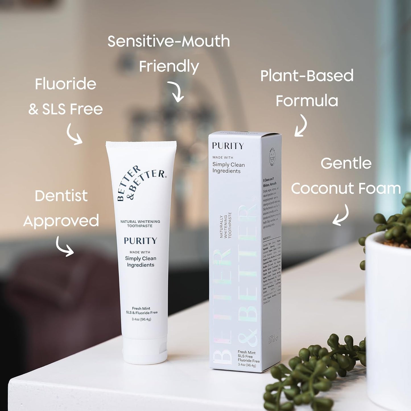 Better & Better Purity Toothpaste | Natural Whitening Toothpaste Without Additives | Organic, Vegan, Fluoride & SLS Free | Coconut-Based Formula w/Fresh Mint Flavor | 3.4oz, 1 Pack