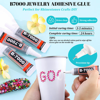 6100Pcs Resin Rhinestones for Crafting with 2Pcs 10ml B7000 Jewelry Glue, 1 Box Flatback Crystals Diamond (Hot Pink) for Bedazzling Crafts DIY Nail Art Non Hotfix Gems for Clothing Shoes