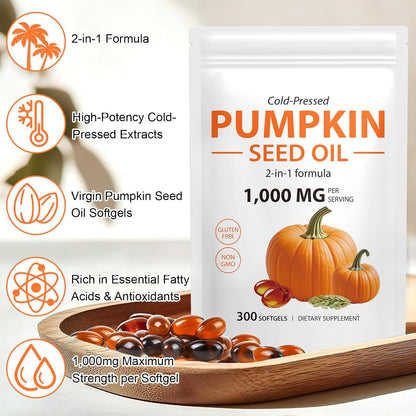 Pumpkin Seed Oil Capsules 300 Count, 2 in 1Pumpkin Seed Extract, Cold Pressed, Non-GMO, Essential Fatty Acids & Phytosterols for Hair Growth, Urinary, Bladder & Prostate Health
