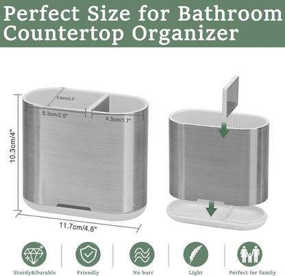 Toothbrush and Toothpaste Holder with Divider for Bathroom Countertop Organizer, 2 Slots Electric Toothbrush Holders Storage Caddy Drainage for Family, Kids (Brushed Silver)