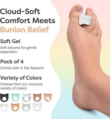 ZenToes Gel Toe Separators for Overlapping Toes, Bunions, Big Toe Alignment, Corrector and Spacer - 4 Pack (White)
