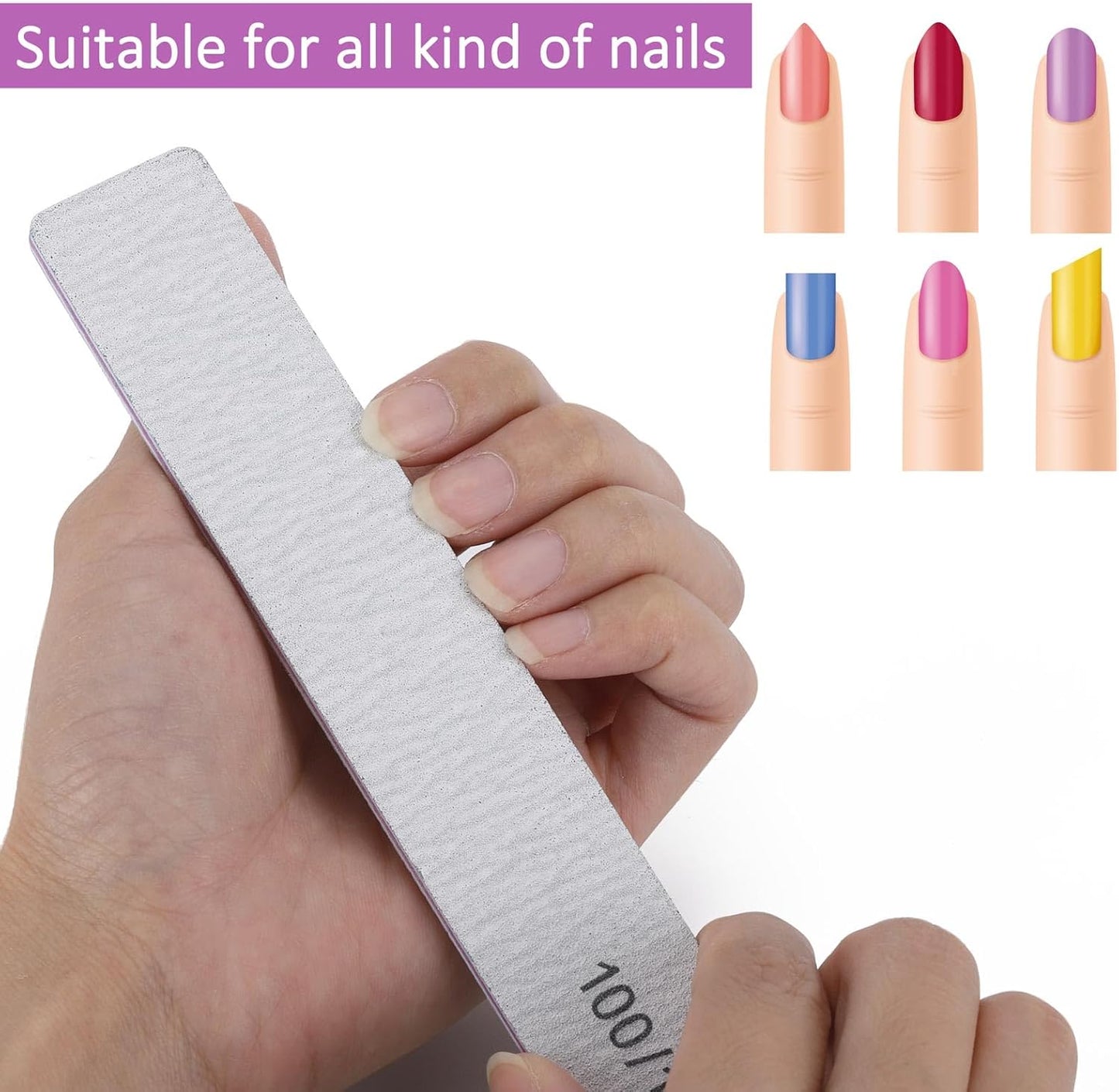 100/180 Grit Nail Files for Acrylic Nails, Rectangle Double Sides Emery Boards Fingernail Files Professional Nail Buffering Files, 12 Pack
