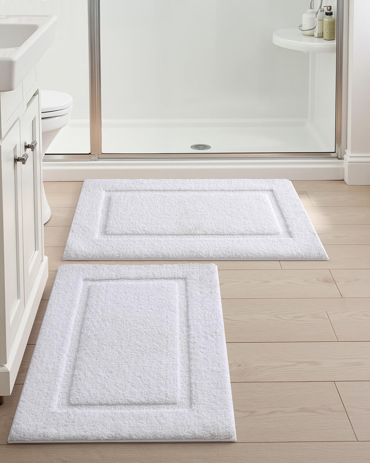 DEXI Bathroom Rugs Set 2 Piece 24x16, Washable Non Slip Bath Mat for Shower Floor, Absorbent Quick Dry Bathmat with Rubber Backing, Ultra Soft Plush Carpet for Tub, White