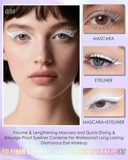 White Mascara Liquid Eyeliner Set, Update Longlasting Waterproof Color Eye Liner Pen, 5D Silk Fiber Colored Mascara Volume and Length, Halloween Party Stage Use Eye Makeup Gift Kit for Women Girl-03