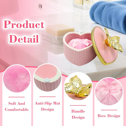Large Body Powder Puff and Container, Ceramics Dusting Powder Container with 2 PCS Washable Heart Shaped Body Puff, Butterfly Dusting Case for Wet and Dry Makeup (Pink)