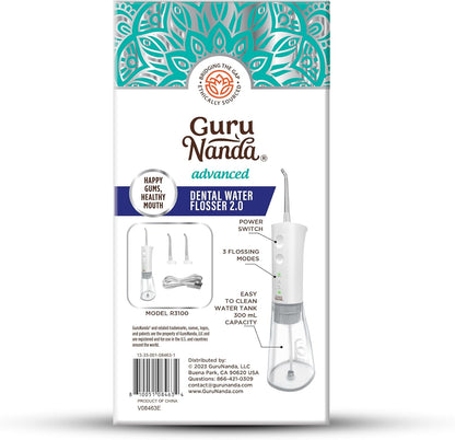 GuruNanda Advanced Dental Water Flosser 2.0 with Replacement Tips, Cordless & Portable, 300 ml Water Tank, 3 Modes, Rechargeable for Healthy Teeth and Gums