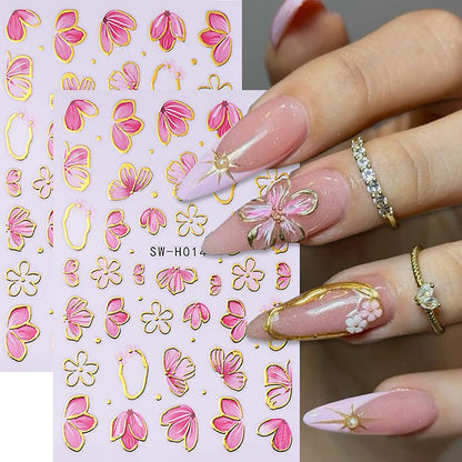 6 Sheets Flower Nail Art Stickers 3D Self-Adhesive Hot Stamping Blossom Nails Sticker Spring Nail Art Decals Holographic Floral Nails Decal Decoration for Women Flowers Manicure DIY Nail Supplies