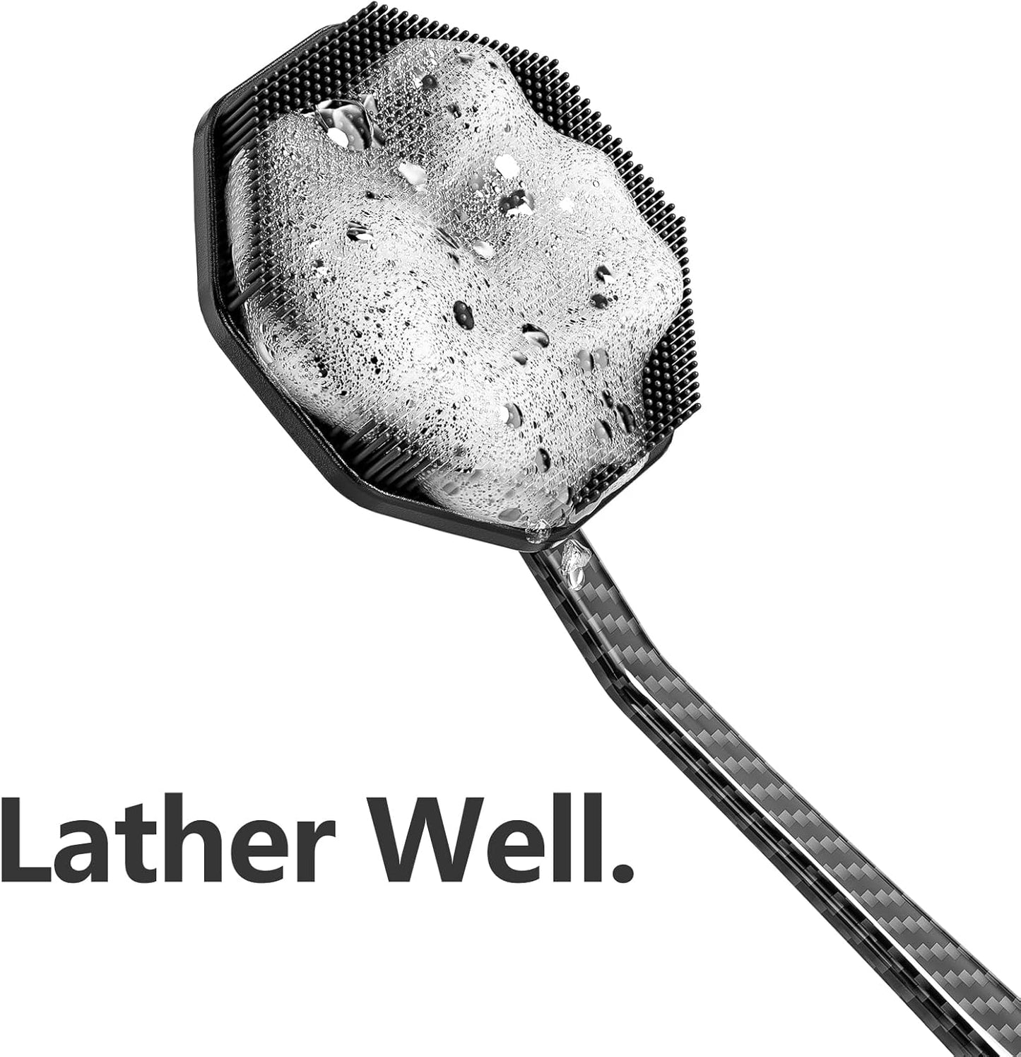 iTokGoK® Silver-Infused Carbon Fiber Silicone Back Scrubber with Long Handle Back Brush for Shower,Back Brush Long Handle for Men and Women,Ergonomic No-Slip Handle, Long-Lasting (Carbon Fiber)