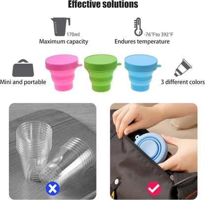 Silicone Collapsible Water Cup,Outdoor Folding Reusable Mug with Lid Lanyard,Camping Travel Hiking Expandable Drinking Jug,Portable BPA Free Food Grade Container,170ml/6oz(3pcs)